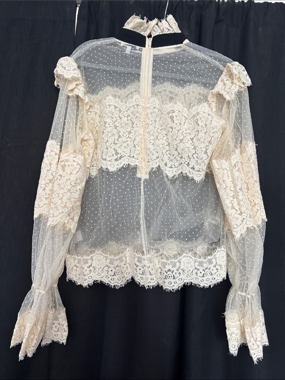 Fashion Nova Sheer Cream Lace Blouse with Black Tie - Picture 2 of 9
